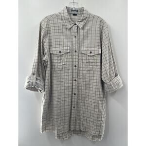 Theory Women's Roll Tab Sleeves Cotton Button Down Size Large Frayed Hem Edge